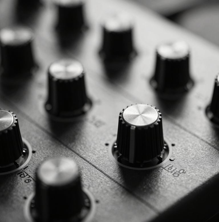 A macro close-up photograph of a vintage analog synthesizer's patch cables and metallic dials. Shallow depth of field, sharp focus on a single silver dial, elegant black and white studio lighting, North American context.
