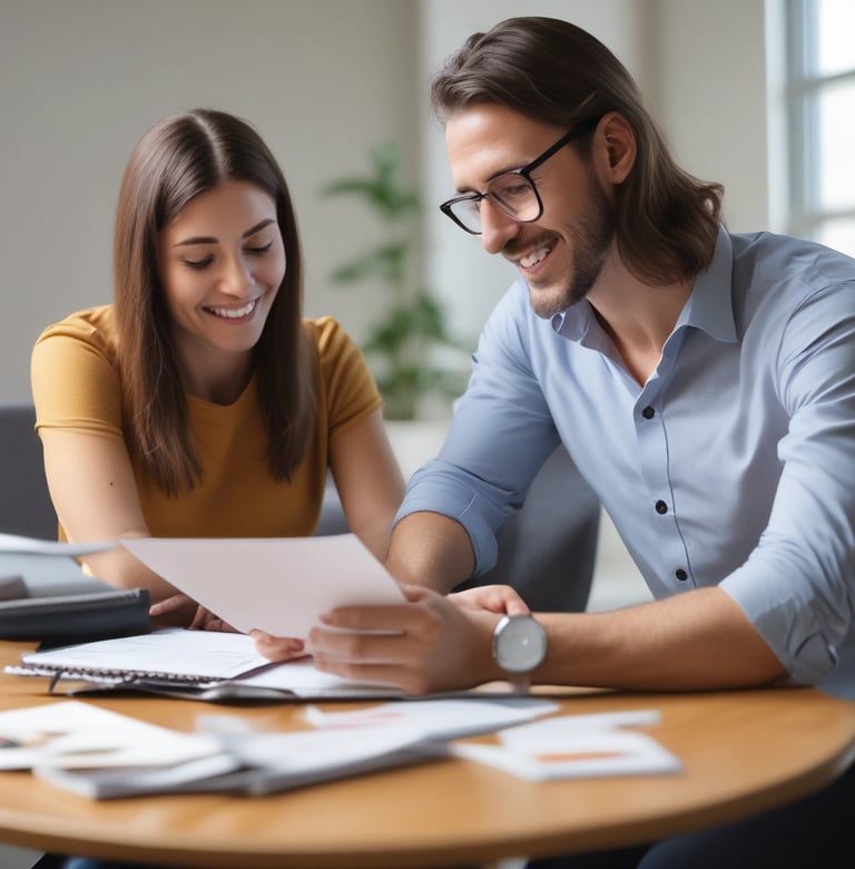 a man and woman sitting at a table with papers