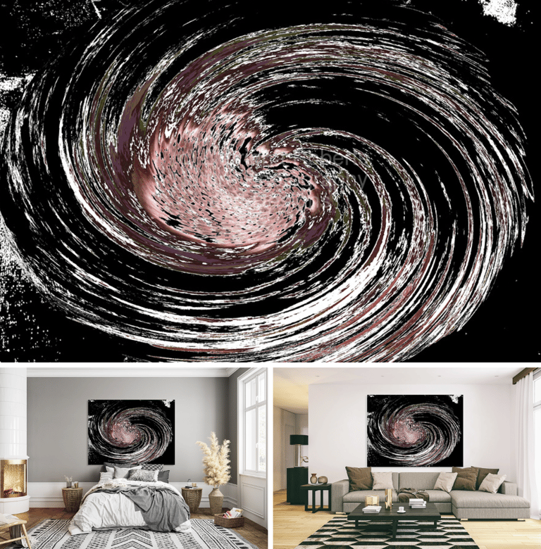 Digital image itself above a canvas prints on a wall above a bed and on a wall above a couch.l.