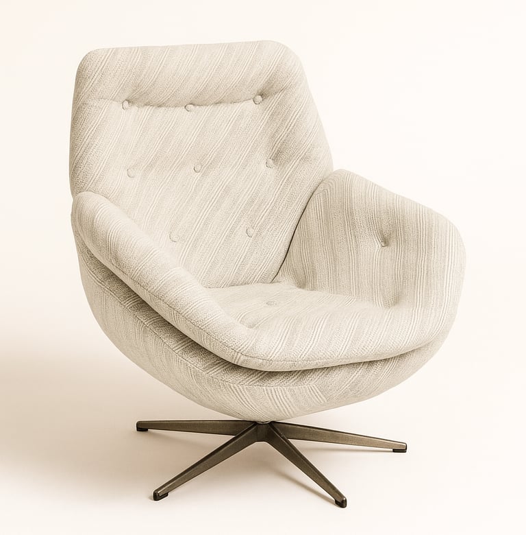 Beige swivel vintage armchair with soft fabric upholstery