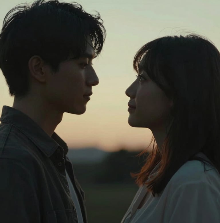 An intimate, unposed portrait of a couple looking at each other, backlit by a warm setting sun. The composition is cinematic with a focus on genuine emotion. The palette includes warm #E2D7C3 highlights and #3A3A3A deep shadows for a dramatic effect.