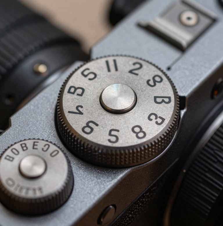 Detailed macro shot of a camera's top dials and shutter button. The focus is razor-sharp on the etched numbers and metallic texture. Lighting is soft and professional, highlighting the dark gray tones of the chassis.