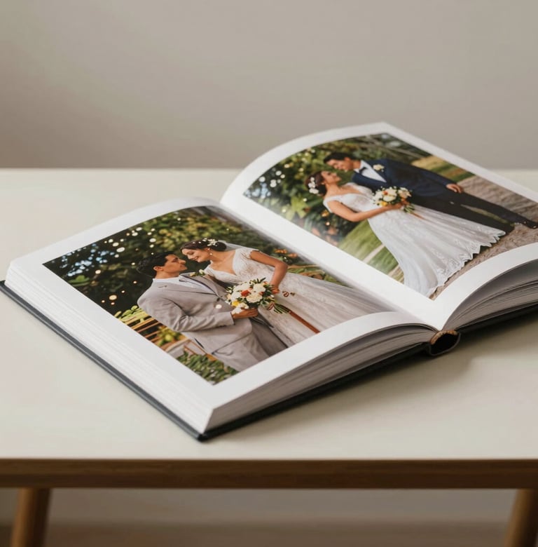Close-up of a high-quality wedding photobook on a minimalist table in a South American / Colombian studio. The pages show vibrant social event photos. Professional studio lighting, soft off-white background with dark charcoal details.