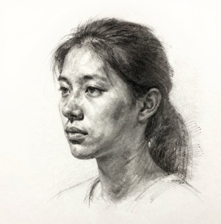 Detail of a charcoal drawing on high-quality paper, showing delicate textures and strokes in #1A1A1A, minimalistic composition, focused lighting.