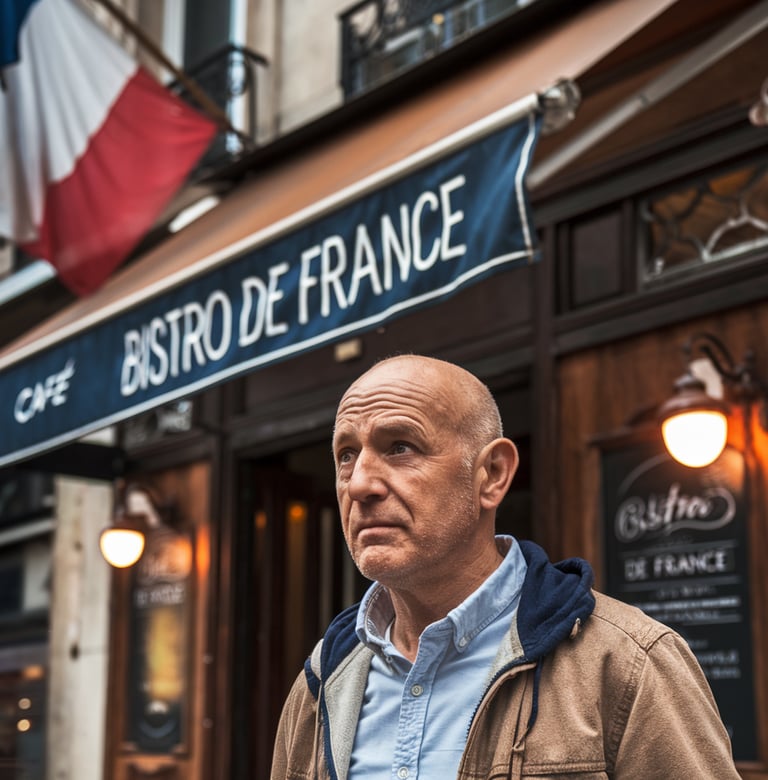 un inmigrante de alrededor de 50 años, comenzando una nueva vida en Francia