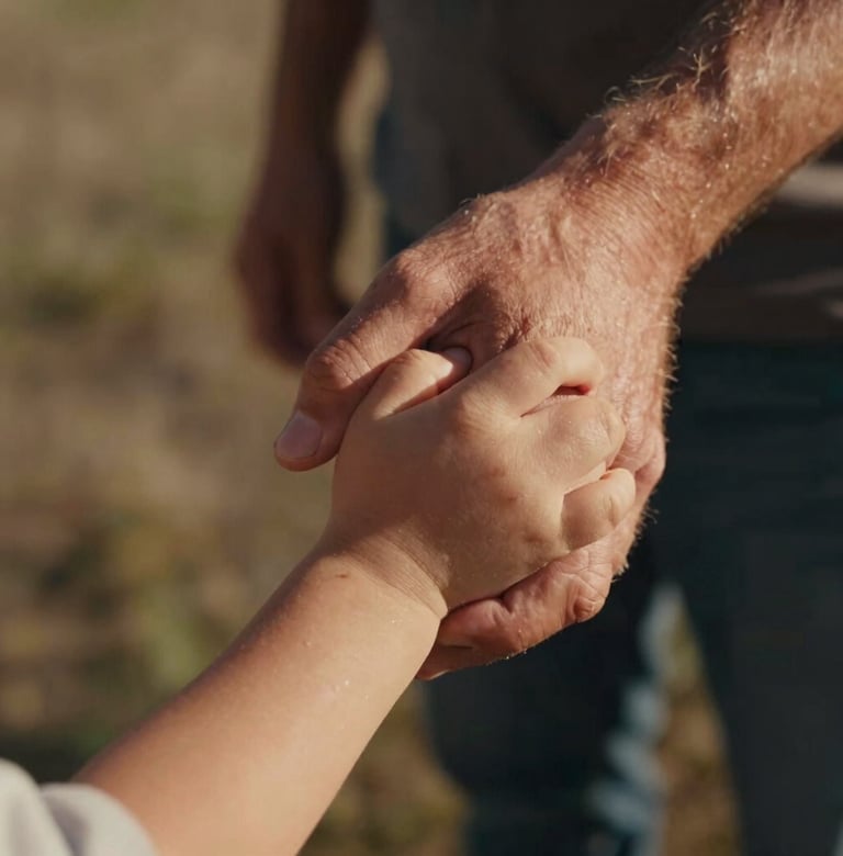 A tight, candid close-up of a father's hands holding his young child's hands. The lighting is warm and sun-drenched, with terracotta highlights on their skin. Set in an outdoor North American / General Western environment, the focus is on the emotional connection.