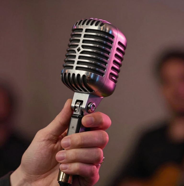 Close-up photography of a performer's hands holding a vintage-style microphone in a North American / US jazz club. Soft pink lighting accents the metallic textures, creating a mood of modern professionalism and timeless grace.