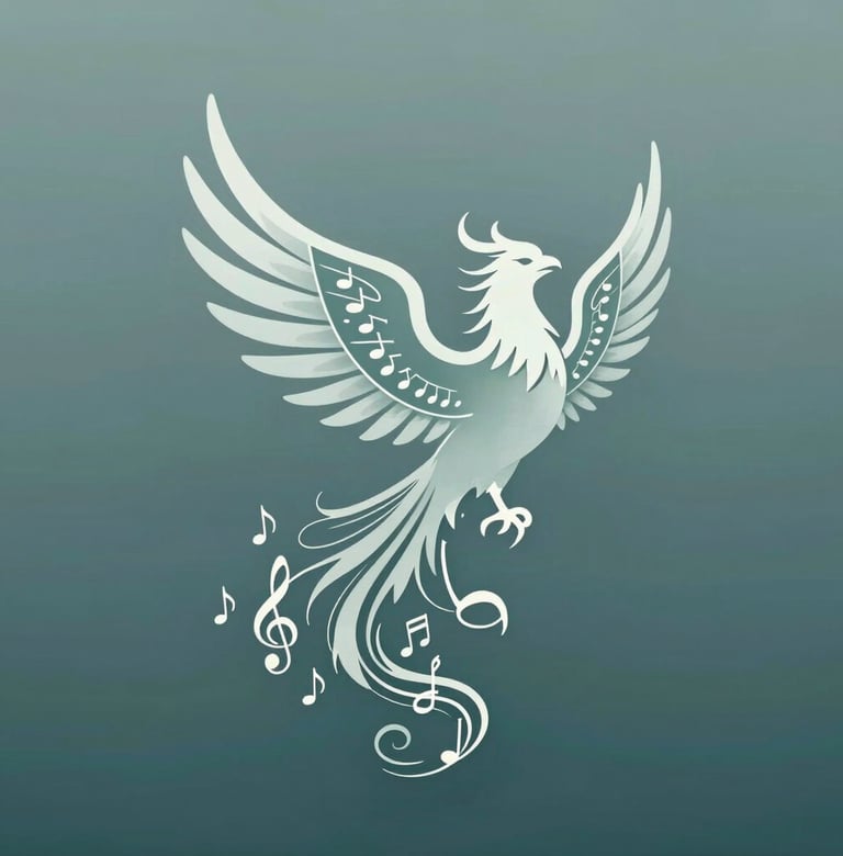 Abstract musical notation morphing into a phoenix rising, elegant lines using #386F6F and #E6EBE0, representing the theme of musical resilience.