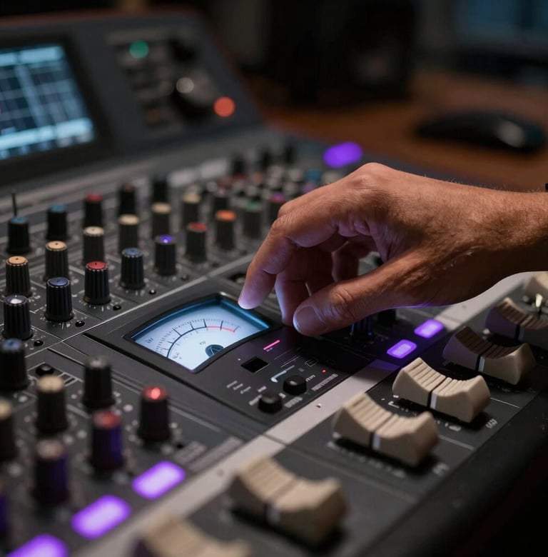 Close-up of a producer's hand adjusting a high-tech mixing console in a professional studio in Spanish / Latin American region. Dark mode aesthetics with glowing soft platinum grey meters and vibrant electric violet status lights. Minimalist, premium music app feel.