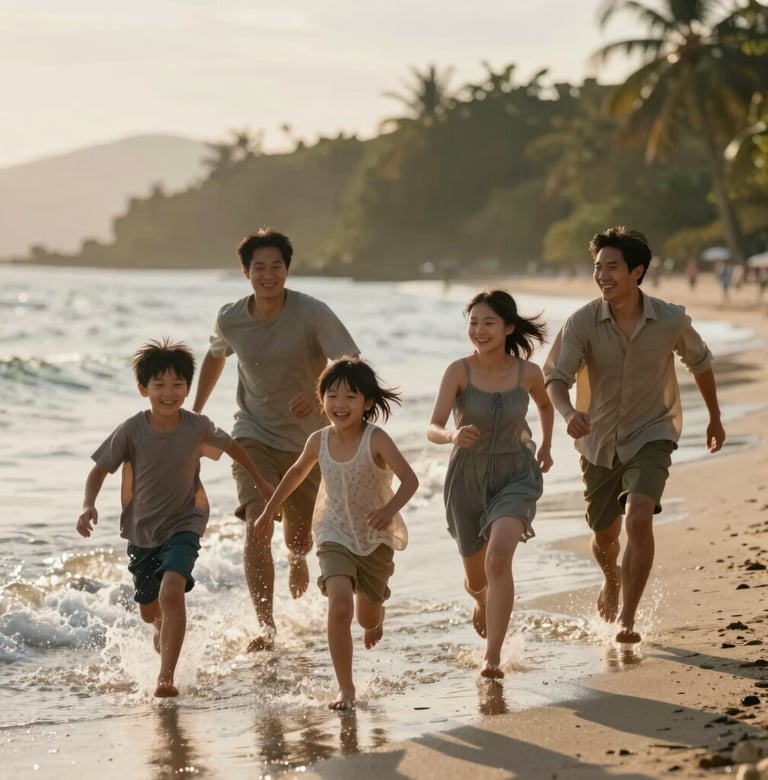 A family of four running joyfully along a shoreline, water droplets glistening in the sun-drenched evening light, cinematic and premium style.