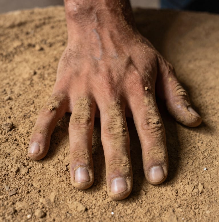 Close-up photography of a human hand covered in warm dusty tan pigment, touching a rough, textural surface. Contemplative and intimate mood in a South American / Argentine context.