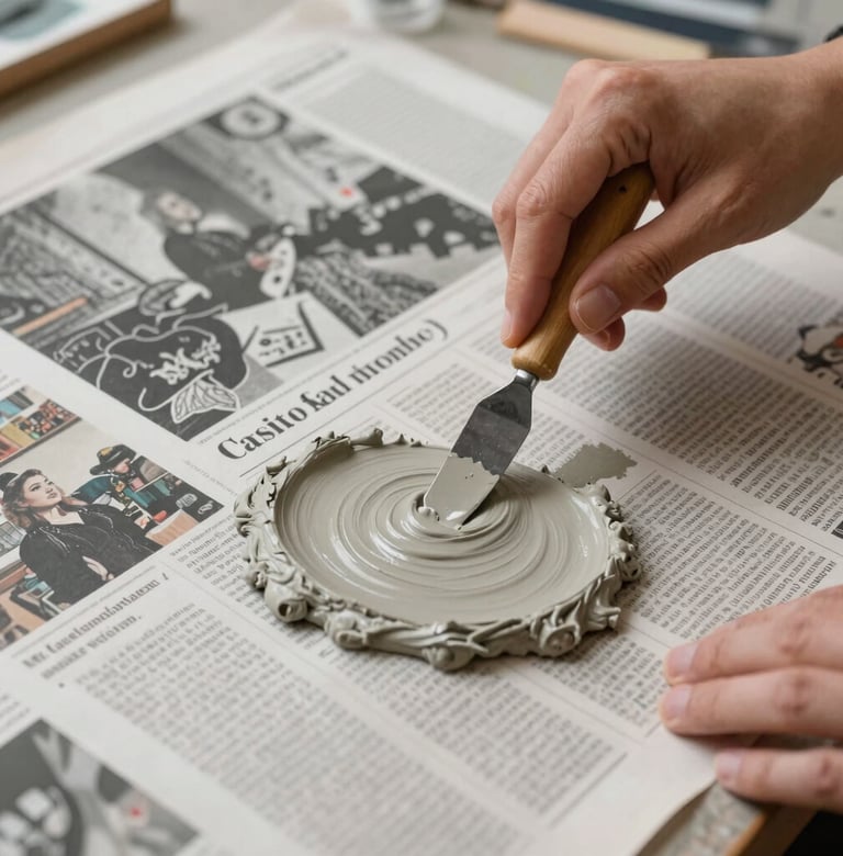 Close-up of a collage process in an International / Urban Art Scene workshop, showing hands using a palette knife to apply soft concrete grey paste over newsprint.