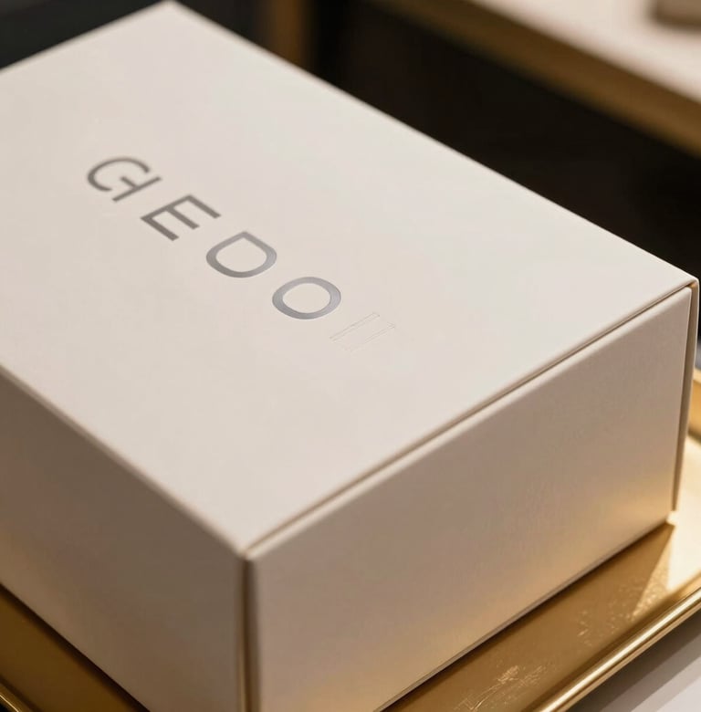 Close-up photography of luxury product packaging; a matte soft off-white box embossed with minimalist charcoal grey typography. The box sits on a muted gold tray in a sophisticated North American / Western European boutique setting. High-end, premium feeling with soft shadows.