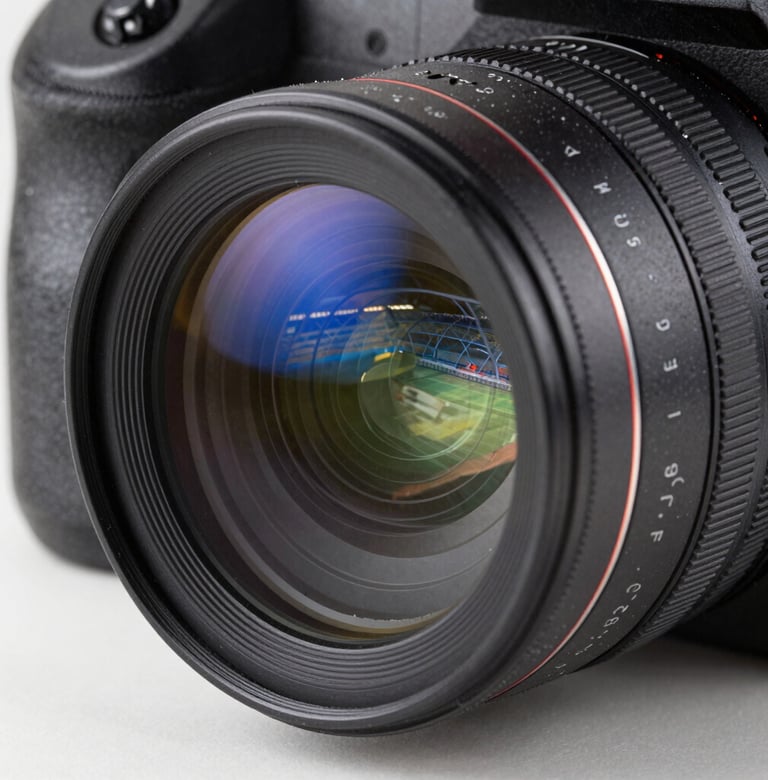 Extreme close-up of a high-tech camera lens with blue light reflections of a futuristic sports stadium, sleek dark metallic body, professional videography style, precision engineering aesthetic.