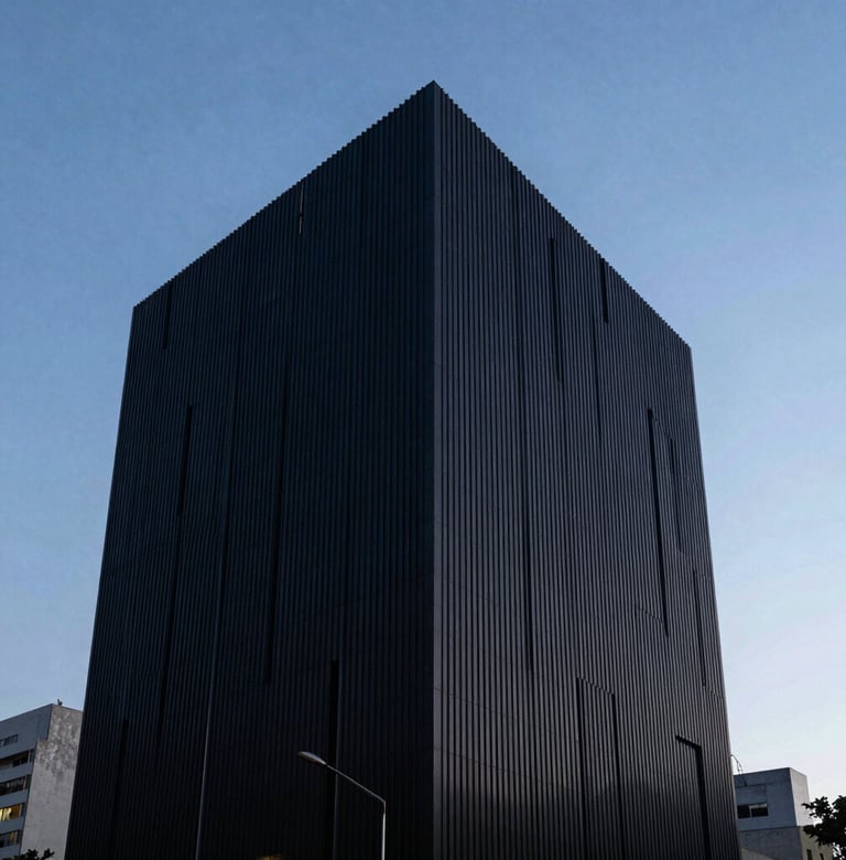 An outdoor architectural shot of a sleek, dark building facade against a baby blue twilight sky in a South American city, long exposure, clean lines and minimalist composition.