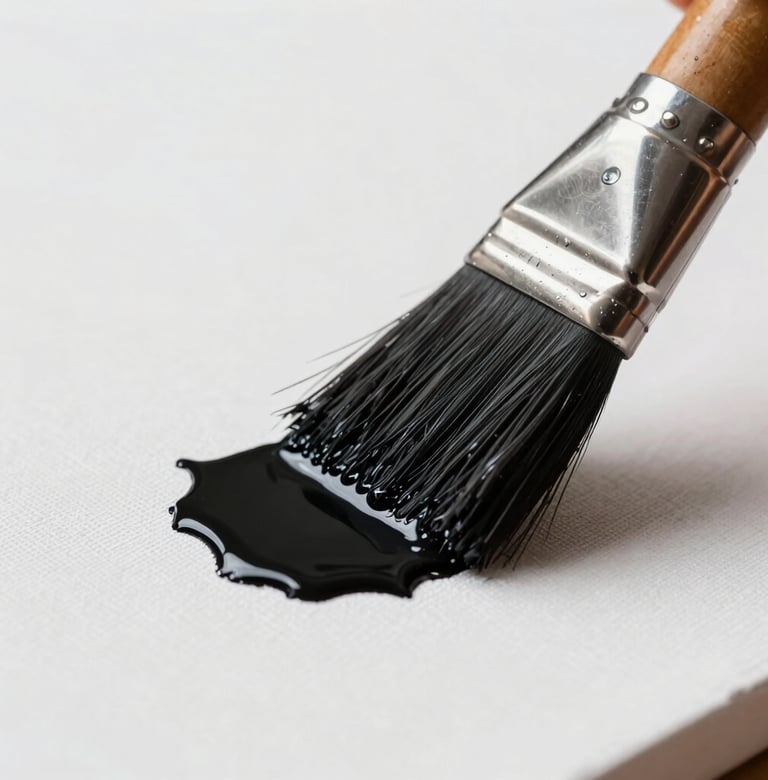 Macrophotography of a paintbrush applying deep black pigment to a pristine white canvas. The focus is sharp on the texture of the bristles and the wet paint, embodying a modern art factory aesthetic.