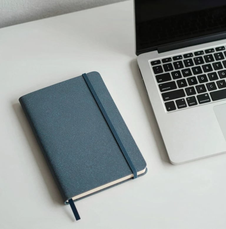 A minimalist overhead shot of a professional workspace in a Southeast Asian / Indonesian setting, featuring a clean desk, a blue-grey notebook, and a sleek laptop, emphasizing quiet competence.