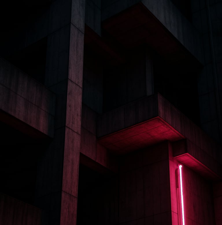 Low-angle architectural photography of a brutalist concrete building in Seoul, dramatic deep shadows, sharp lines, illuminated by a single magenta neon light source, East Asian / Korean urban.