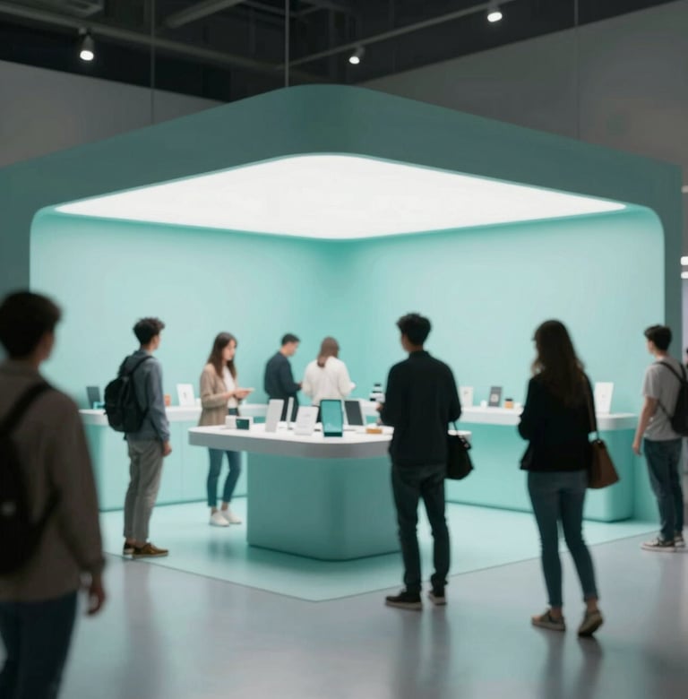 A medium shot of customers interacting with a minimalist, high-tech retail installation. The lighting is clean and professional, using a cool teal (#0E7C7B) highlight. Minimalist agency aesthetic.