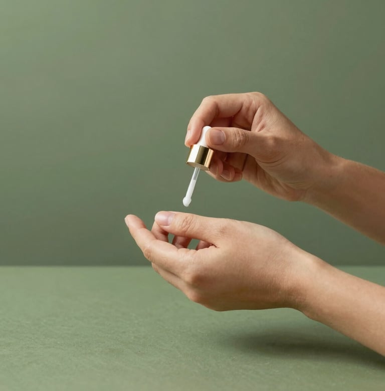 A sophisticated lifestyle shot of a beauty professional's hands working in a minimalist studio environment, featuring olive green #6B705C accents and soft shadows.