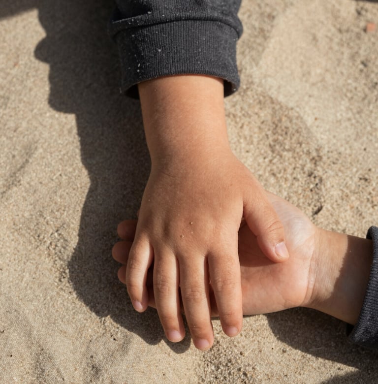Macro shot of a child's hand holding a parent's weathered hand against a soft sand colored linen background. Set in a North American / US garden, warm afternoon light creating deep, inviting shadows. Charcoal tones in the clothing.