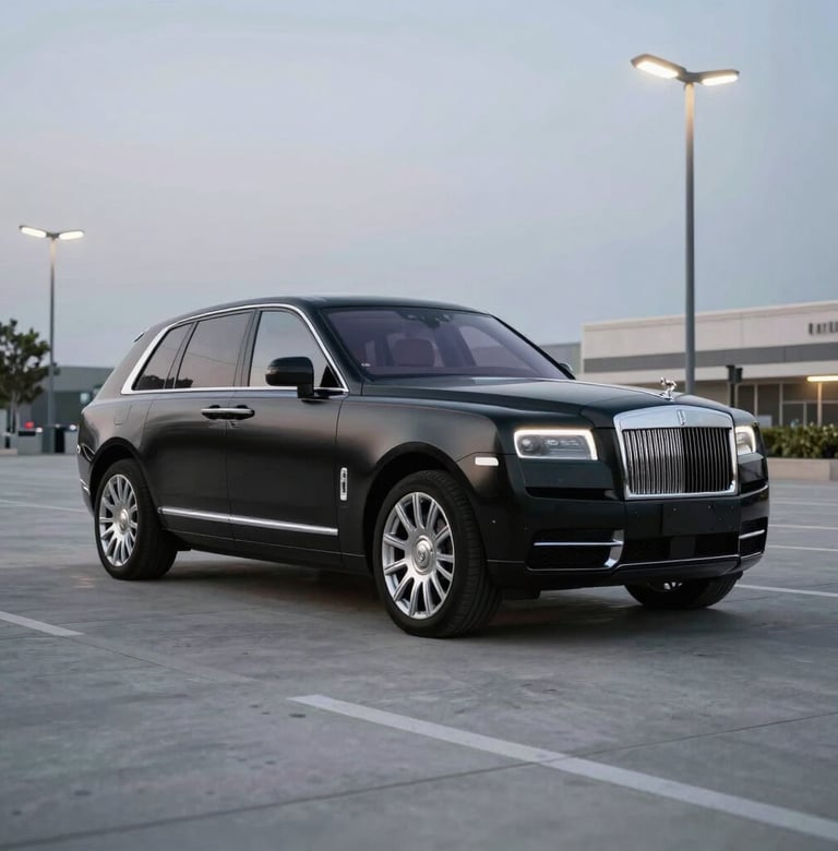 A high-performance luxury vehicle in matte black with chrome accents, parked in a minimalist North American urban plaza under cold white streetlamps. Sharp focus, edgy atmosphere.