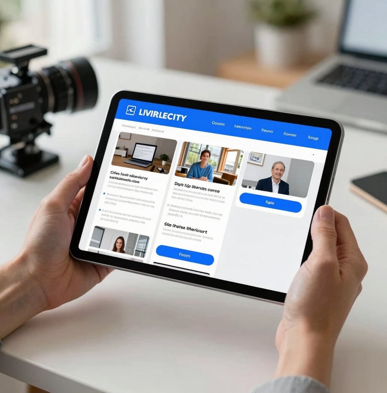 Hand holding a digital tablet in a bright North American / US creative studio, showing a storyboard of a digital literacy course, royal blue accents.