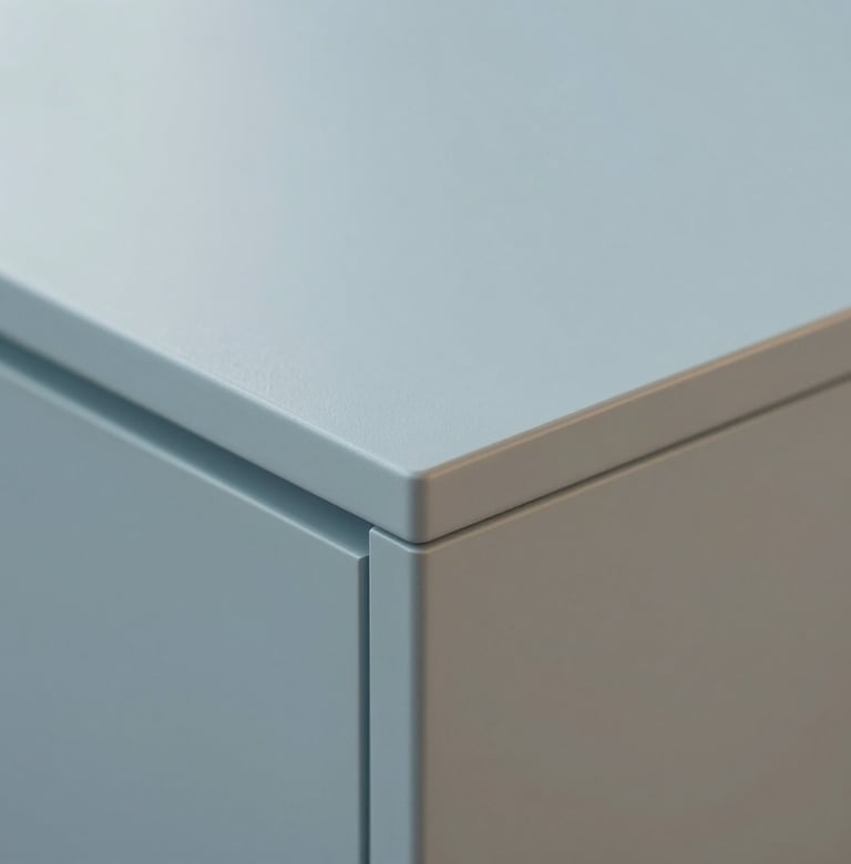 Minimalist detail shot of a custom joint in a piece of furniture, showing high-quality craftmanship and precision. Muted blue and soft white tones, professional product photography with soft depth of field.