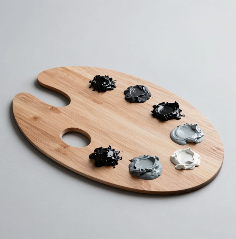 An elegant, minimalist wooden palette holding small mounds of charcoal and light grey oil paint, set against a clean light grey studio background in a North American setting.