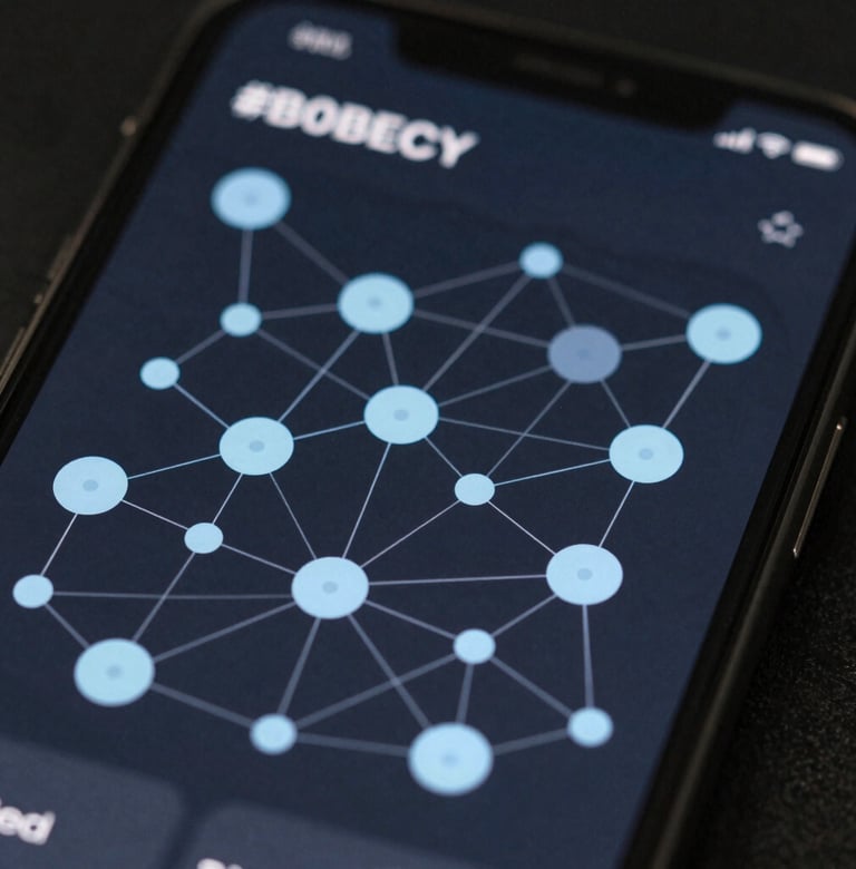 Macro shot of a smartphone screen displaying a complex data visualization map with nodes and connections in shades of #B0BEC5 against a dark #263238 background. The image represents clear communication of complex data.