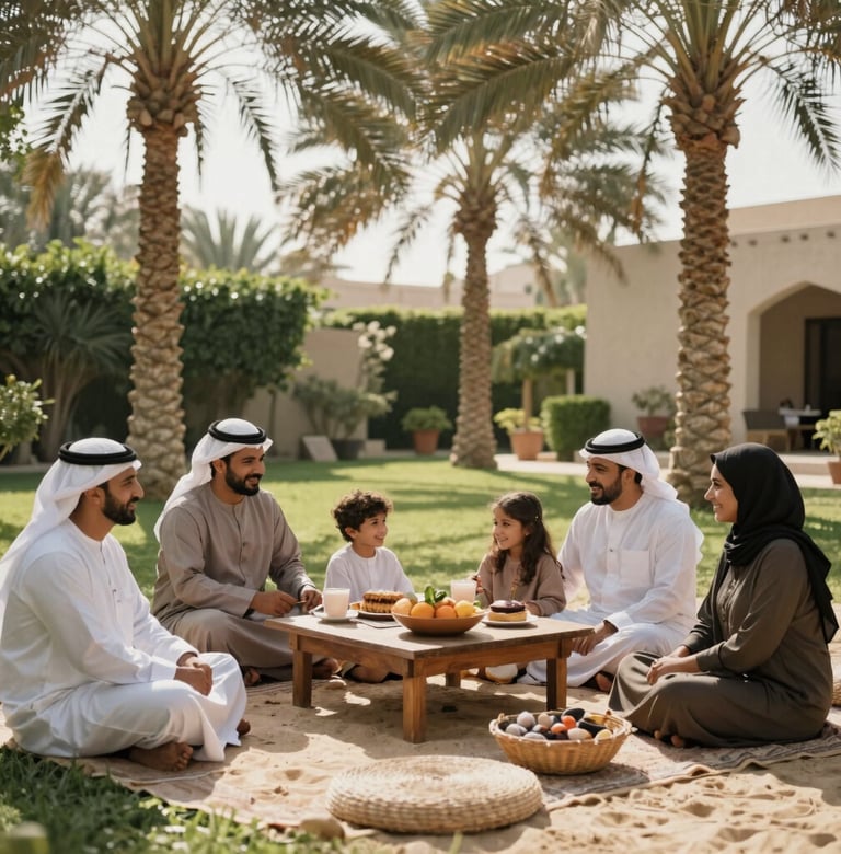 Lifestyle photography of a joyful family gathering in a lush, sun-lit garden of a Middle Eastern / Gulf home, warm sunlight filtering through palm trees, natural expressions, soft sand and charcoal color palette.