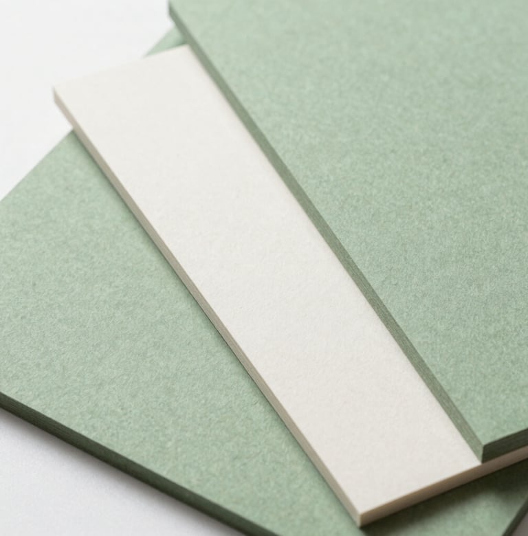 Macro photography of high-quality sustainable paper stocks. The textures are varied, showing a mix of soft sage green and mist white cardstock. Bright, clean studio lighting in a North American / US design workspace.