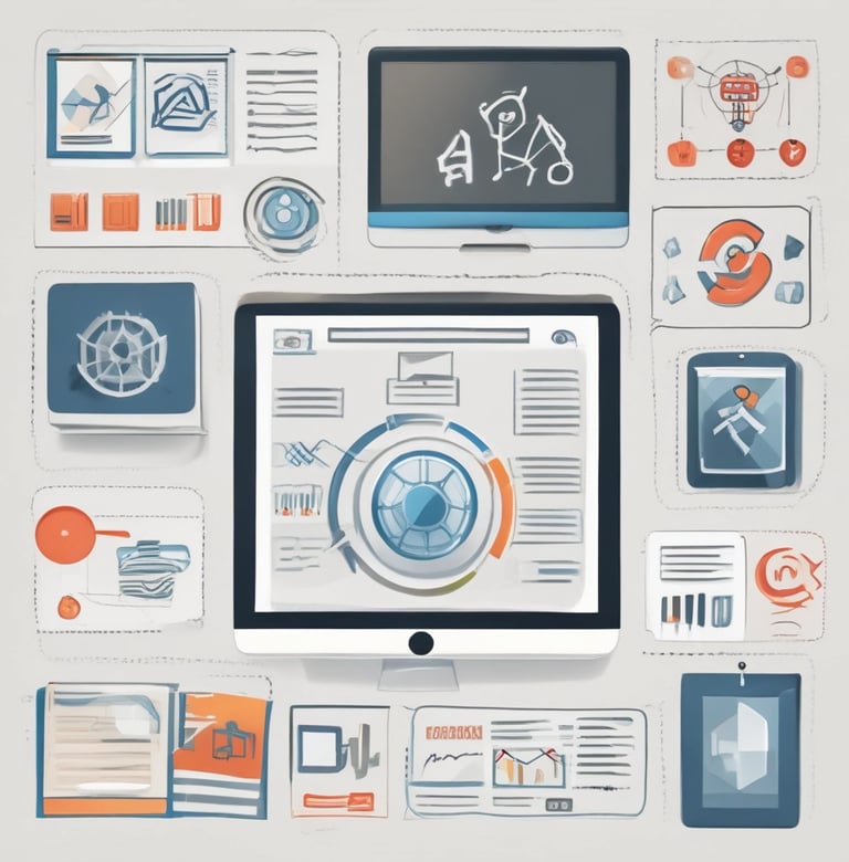 Close-up of a laptop screen showing a sleek website design in blue, white, and orange tones.