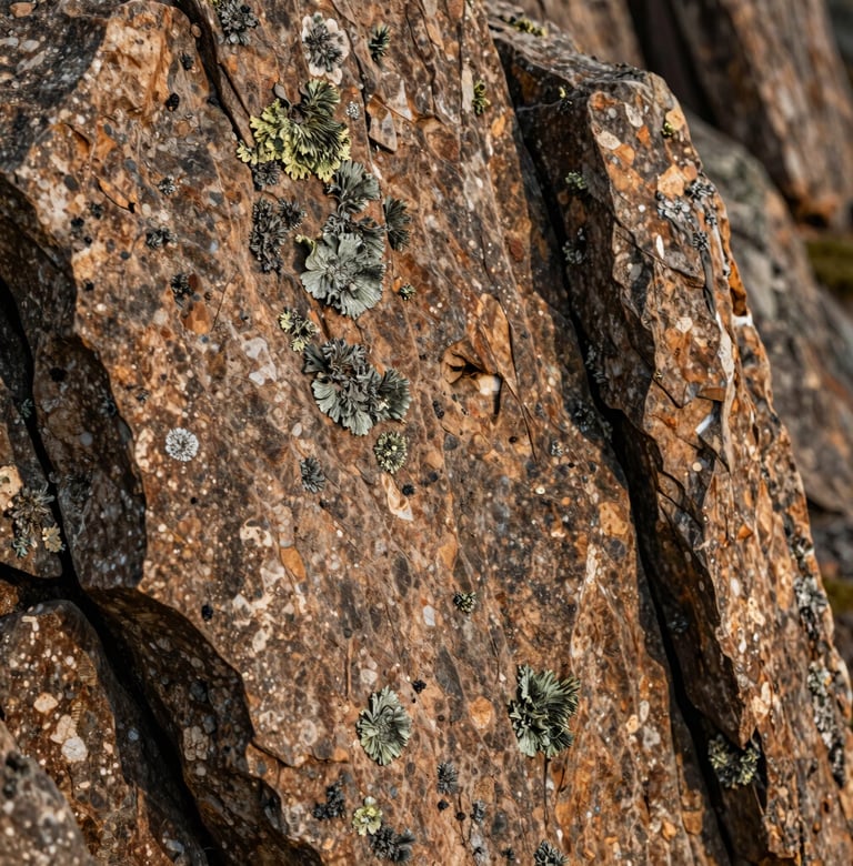 A detailed close-up shot of mountain rock textures and lichen in shades of warm brown and muted green. The lighting is directional, creating subtle shadows that give depth to the stone surface. The composition is abstract and sophisticated, fitting a modern interior aesthetic.