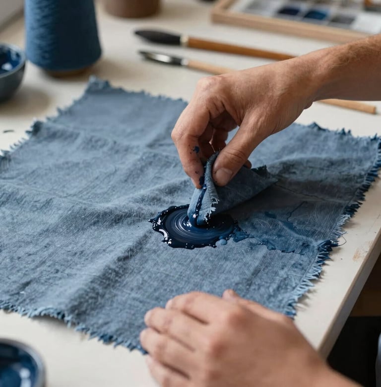 A close-up photograph of an artist's hands working with textiles and pigments in a sunlit European / French studio. The palette includes muted slate blue and dark navy blue. A refined and inspiring creative process.
