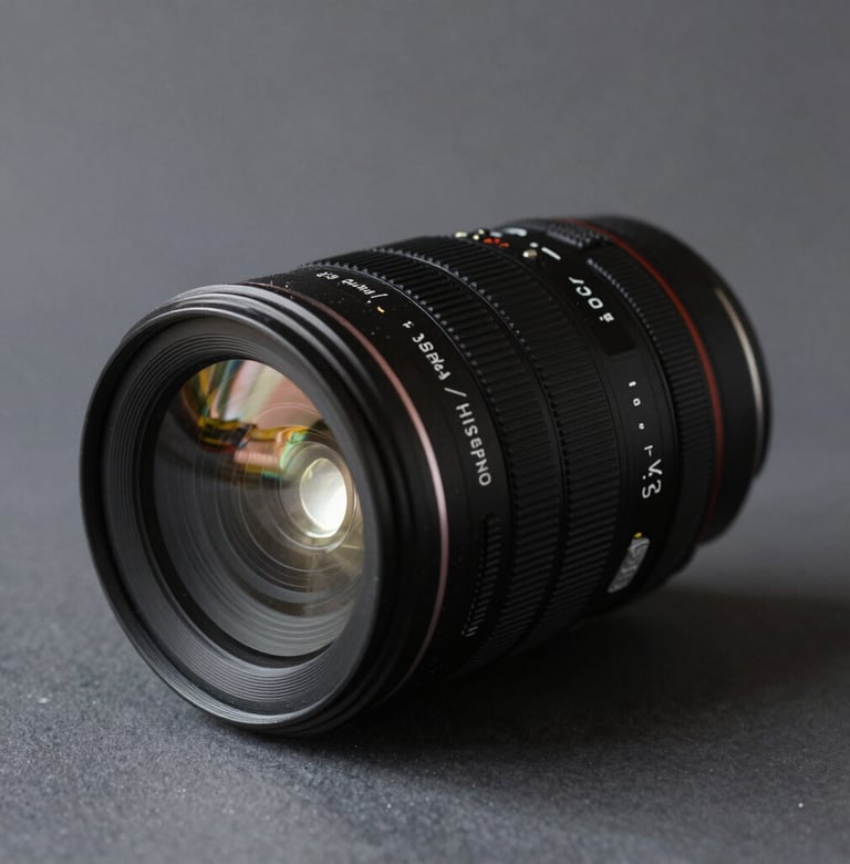 A refined shot of a professional camera lens on a dark gray surface, catching a sliver of bright white light, cinematic and technical, representing high-end expertise, Global / Hispano style.