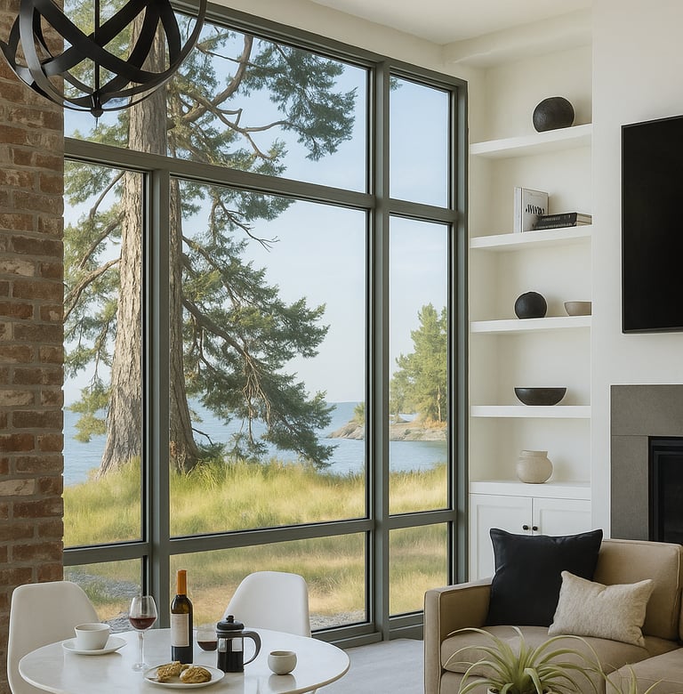 a living room with a couch and a table