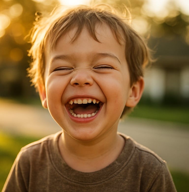 A tight, candid close-up portrait of a young child laughing heartily. The lighting is warm and sun-drenched, emphasizing the authentic emotional connection. North American suburban setting with cinematic bokeh.