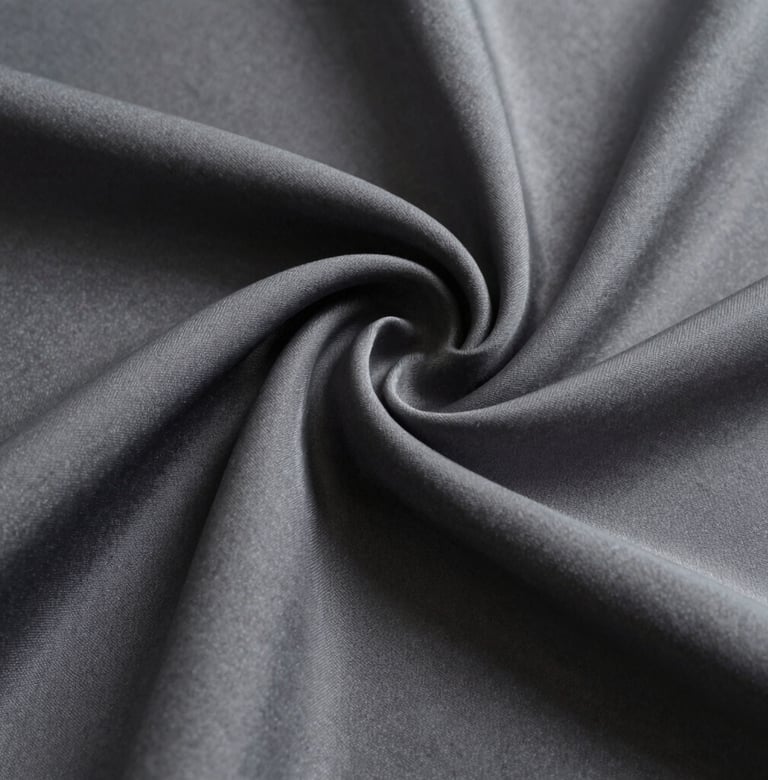Macro photography of draped heavy silk fabric, focusing on texture and deep shadow, North American / European studio, soft side lighting, neutral grayscale tones including medium gray and deep black.