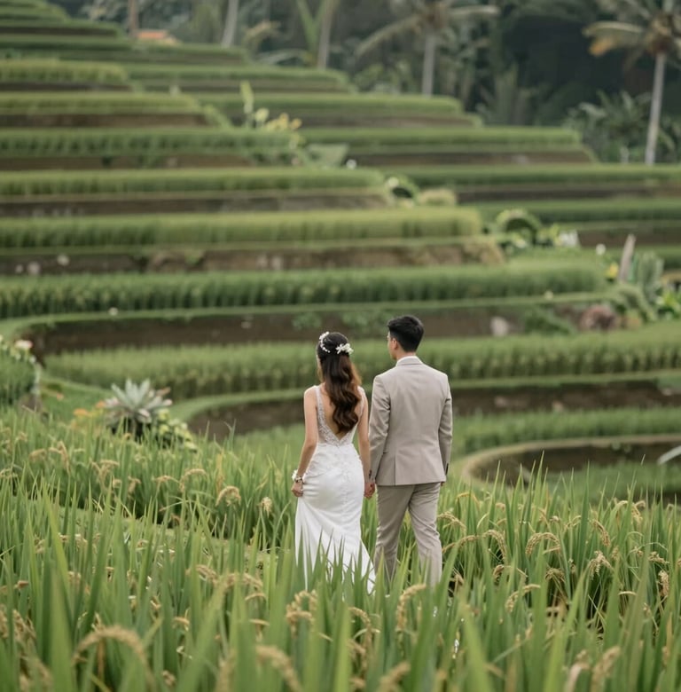 A bride and groom walking through a lush Balinese rice terrace. Modern minimalism meets heartfelt elegance, captured from a distance to emphasize the natural beauty. Incorporating #2A362B, #5F705B, and #F7F3EE.