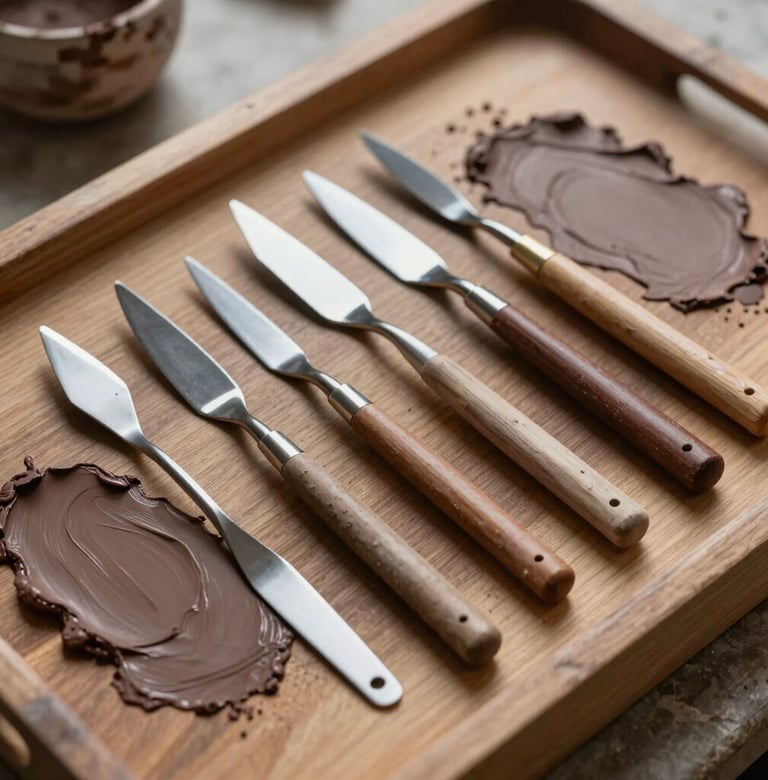 An artistic close-up shot of several palette knives of various sizes resting on a wooden tray covered in dabs of muted clay and deep umber acrylic paint. Artistic professionalism in a Western studio environment.