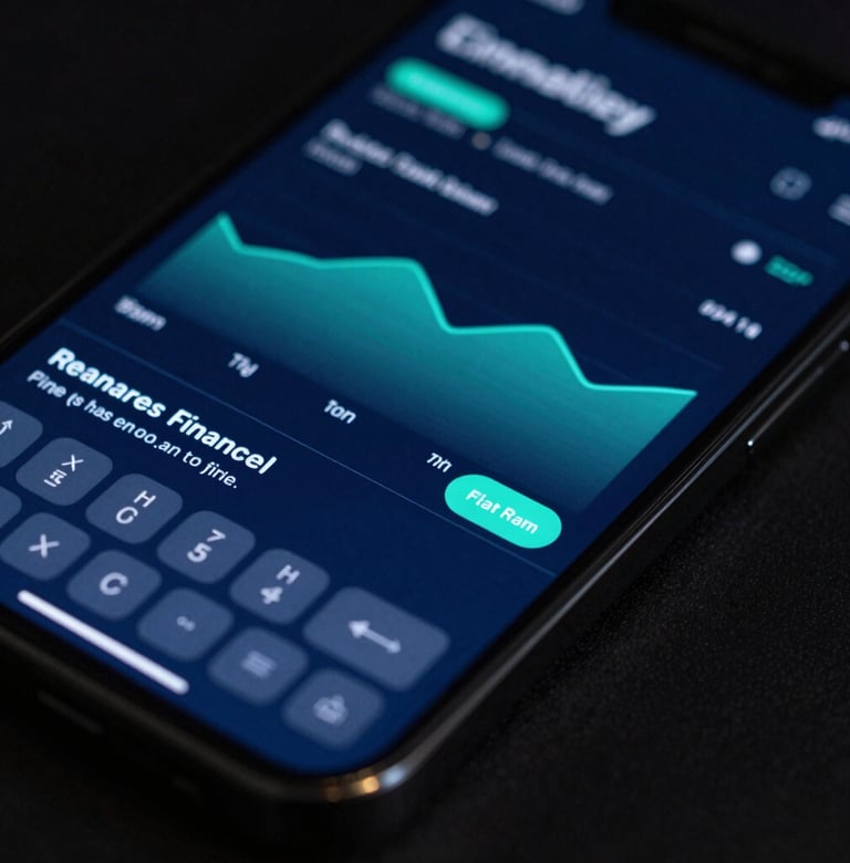 Smartphone displaying a financial app with a green line graph showing stock market trends and investment data.