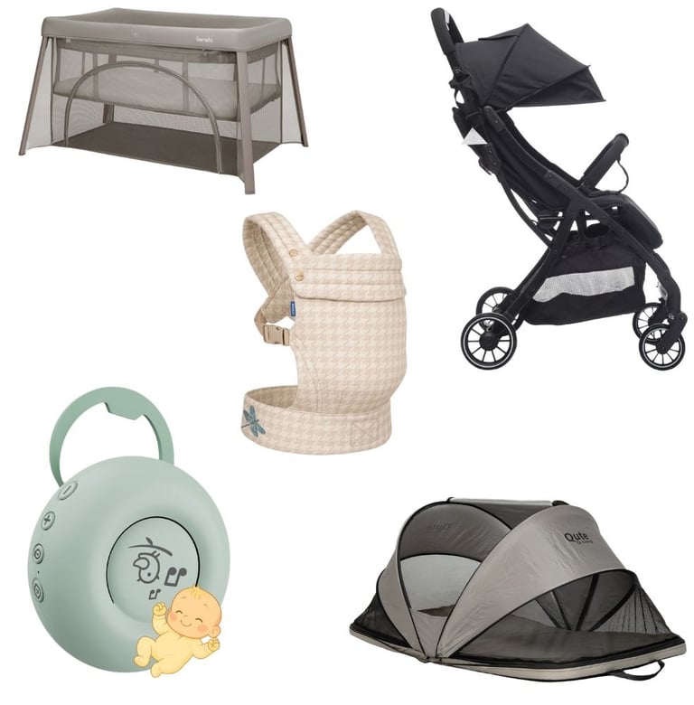 Onmisbare reisproducten voor baby's op een rij, waaronder een compacte Cabino buggy, Qute babytent, 