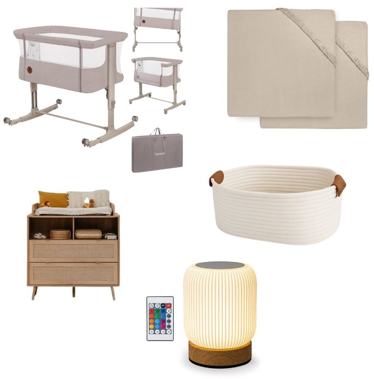 Minimalistische babykamer met een Lionelo co-sleeper wiegje, een houten commode, een rotan mand.