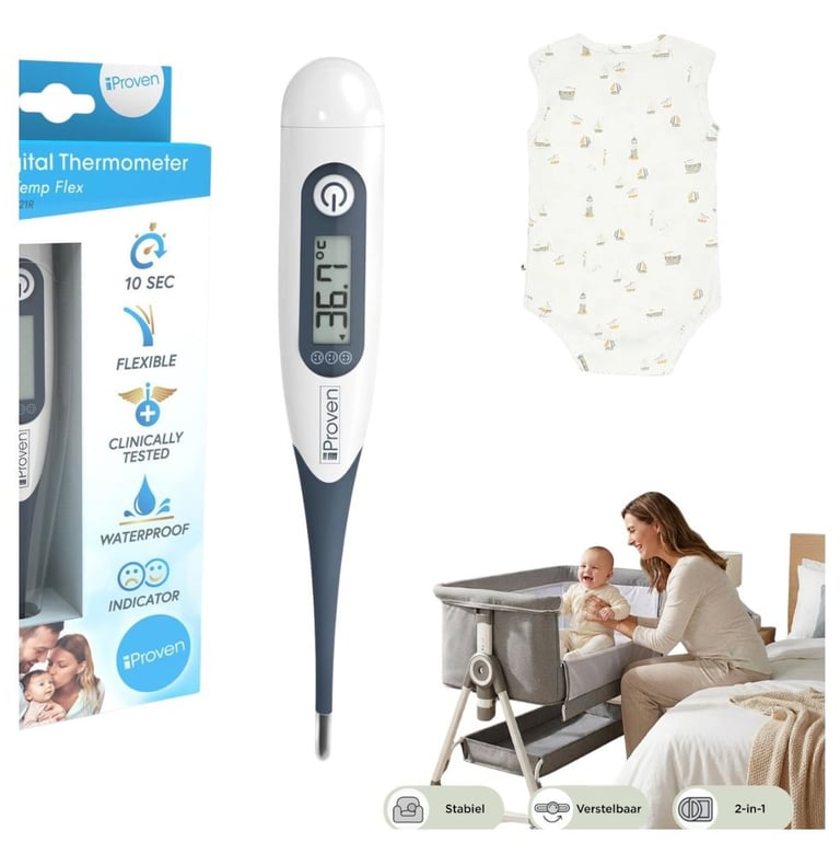 Essentials voor de eerste 30 dagen met je baby, waaronder een iProven digitale babythermometer.