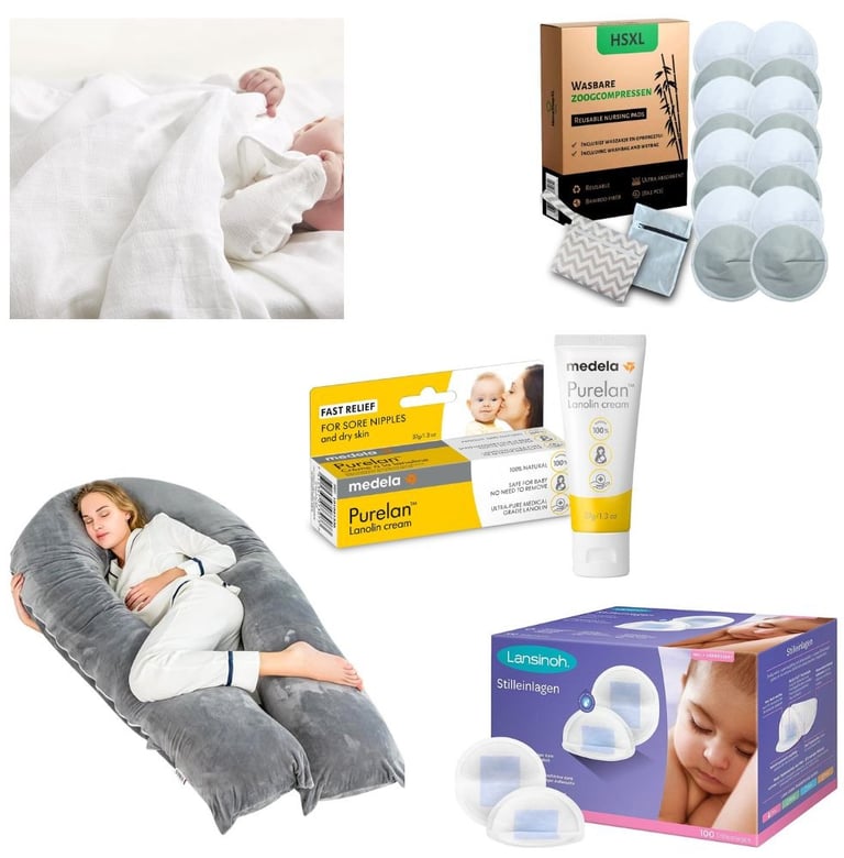Handige borstvoeding musthaves en kolfproducten op een rij, waaronder een comfortabel voedingskussen