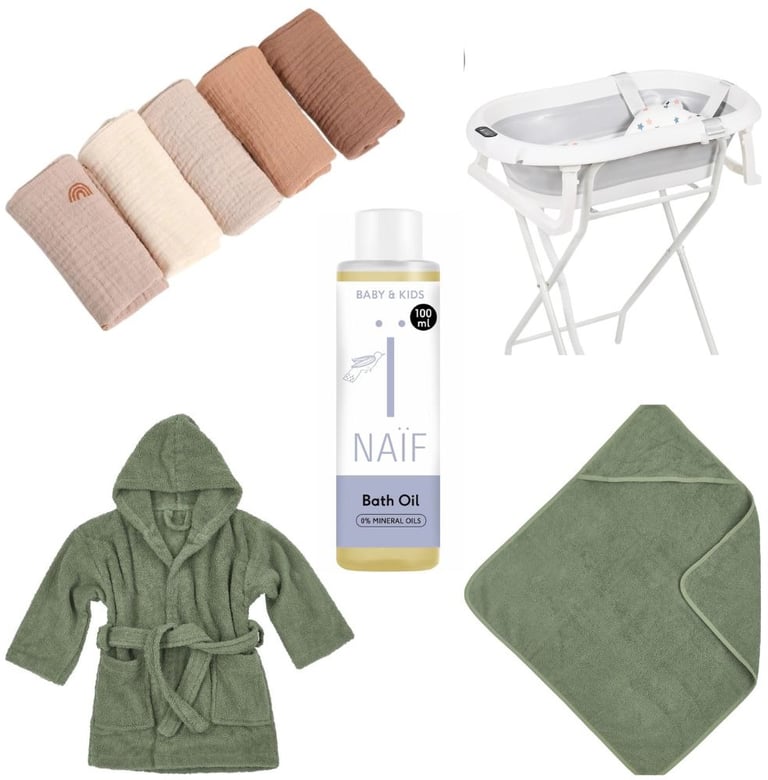 Onmisbare producten voor een milde baby badroutine, waaronder een ergonomisch babybadje