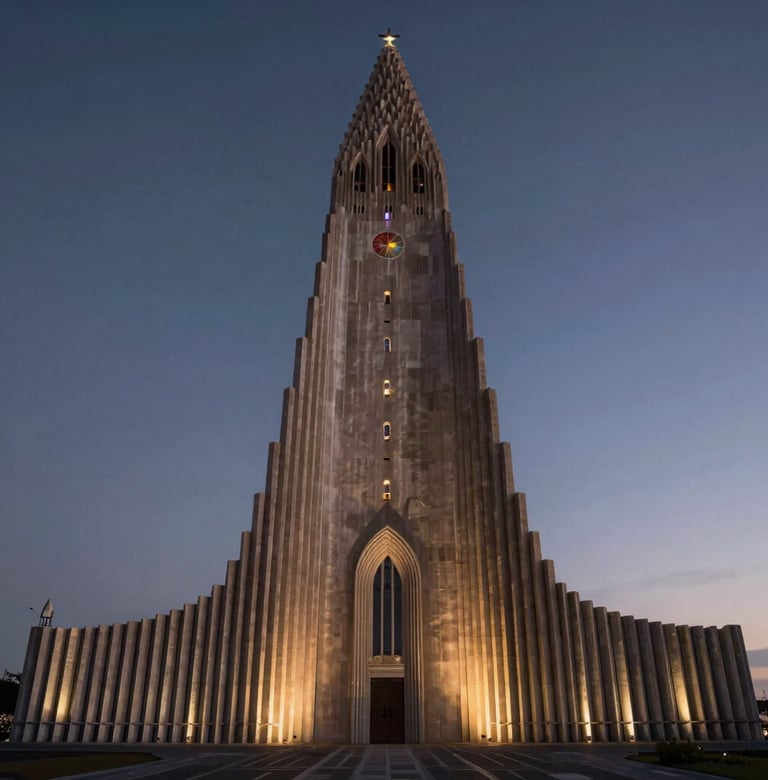 A cinematic landscape view of a modern church architecture with sharp lines, shot during the 'blue hour'. The sky is a deep #1A2F3C and the building is lit with warm #A79E8B tones. High-quality craftsmanship and a sense of awe-inspiring professionalism.