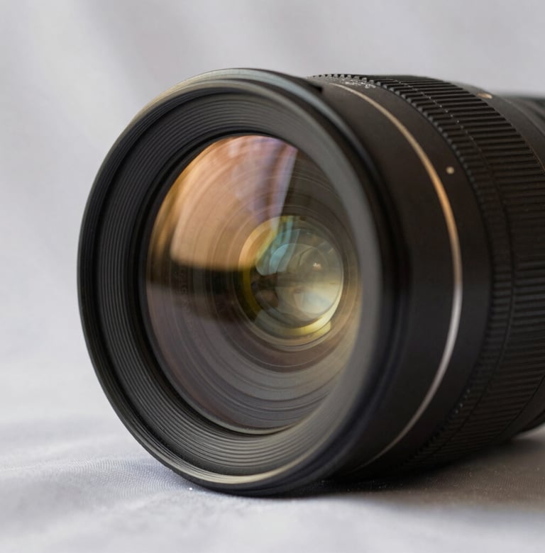 A macro photograph of a high-end camera lens reflecting soft silk off-white studio lights, with subtle muted metallic gold highlights on the lens housing.