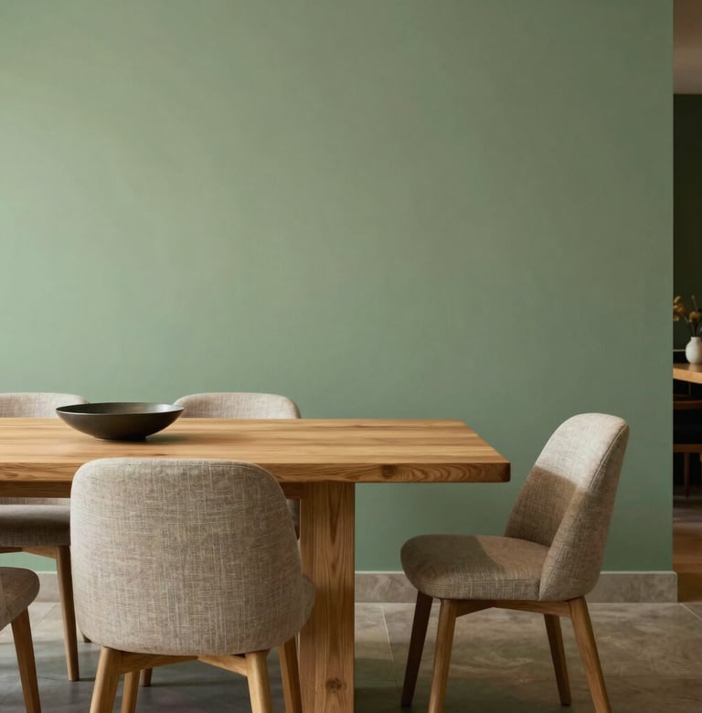 Sophisticated dining area with a sage green accent wall, light oak dining table, and contemporary South American furniture, illuminated by soft warm ambient lighting.